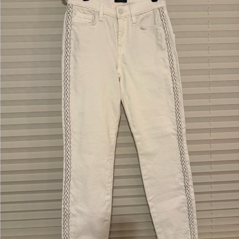 7 For All Mankind White Jeans with Gray Embroidery
